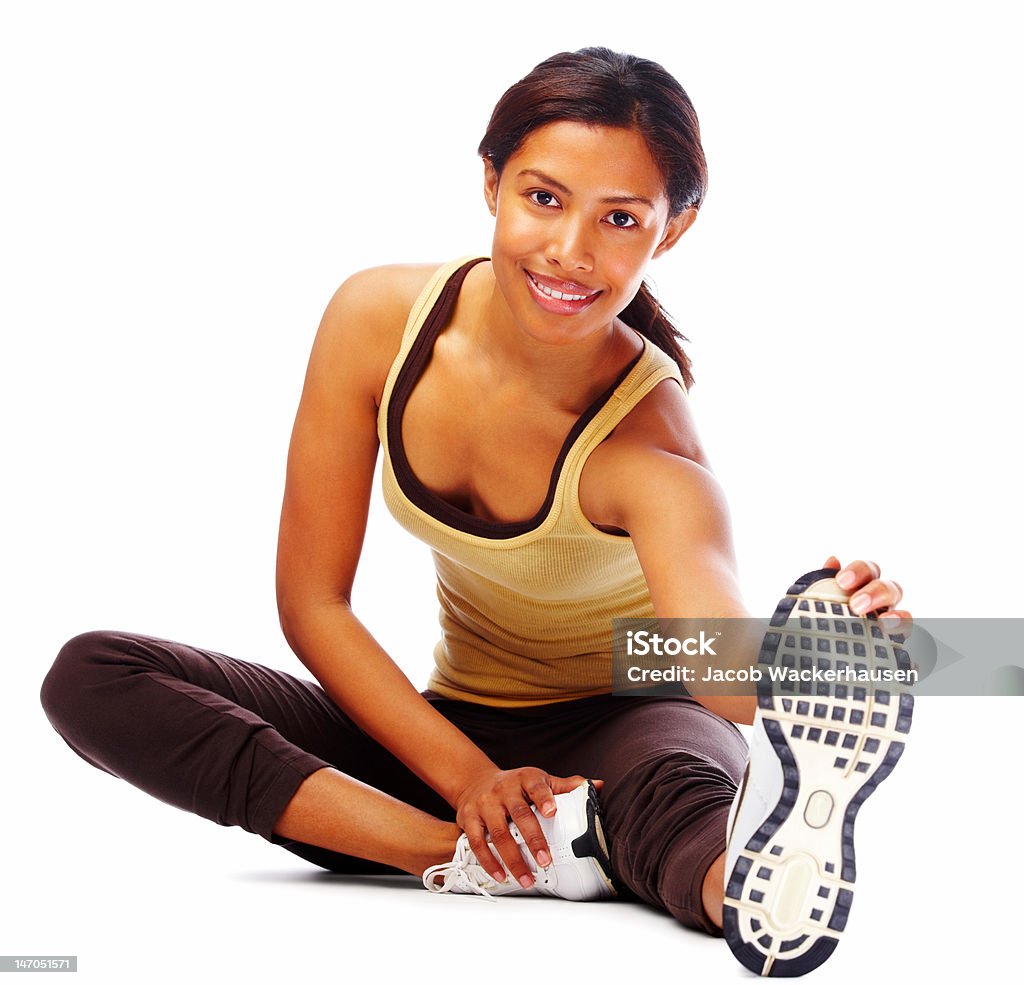 Close-up de uma jovem mulher s'exercitando com fundo branco - Foto de stock de 20 Anos royalty-free