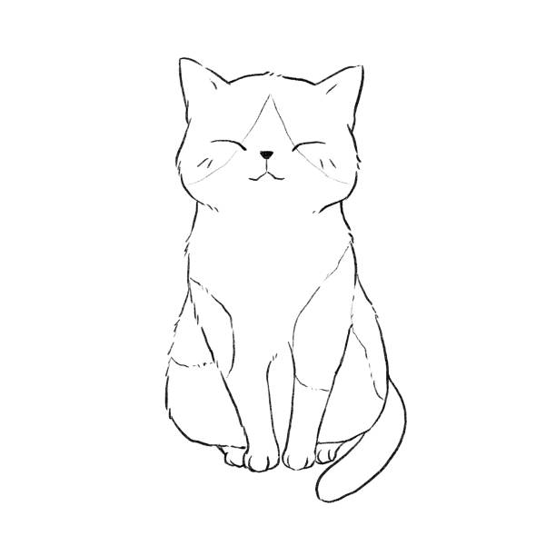 illustrations, cliparts, dessins animés et icônes de chat noir et blanc assis souriant, dessin au trait pour le coloriage. - comic book animal pets kitten