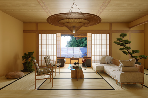 Japanese Style Living Room Interior With Sofa, Armchair, Coffee Table And Potted Plant