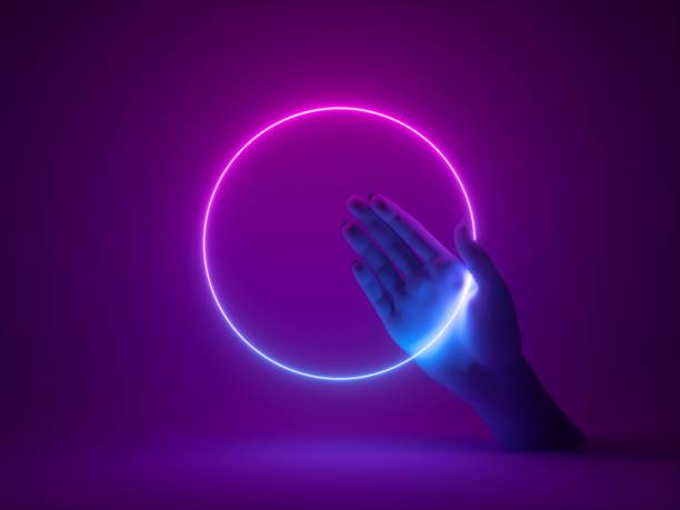 istock 3d render, geometrical neon background, mannequin hand holds glowing ring. Futuristic technology wallpaper 1470521460
