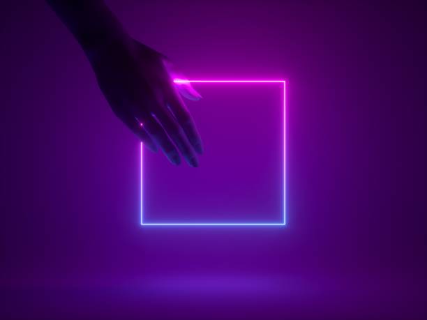istock 3d render, geometrical neon background, mannequin hand holds glowing square frame. Futuristic technology wallpaper 1470521500