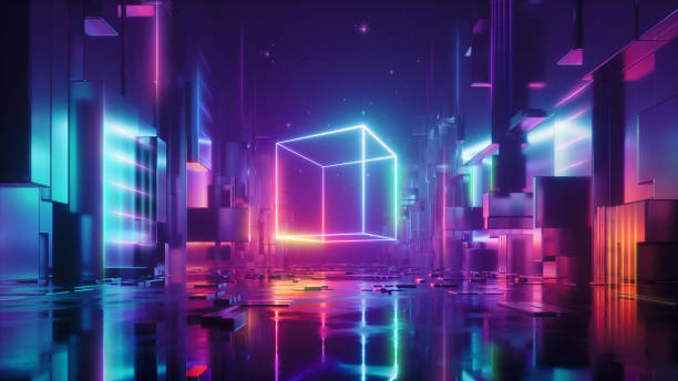 istock 3d render, abstract red blue neon background. Glowing linear volumetric cube in the middle of the city street, under the starry night sky. Digital futuristic wallpaper 1470522139
