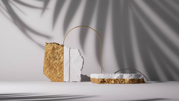 istock 3d render, abstract minimalist white background with golden arch, cobblestones, rocks and palm leaf shadow. Vacant fashion podium. Trendy showcase with empty stone platform for product presentation 1470522885