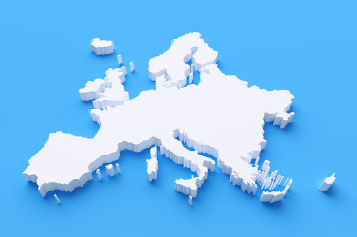 International border of Europe on blue background. Horizontal composition.