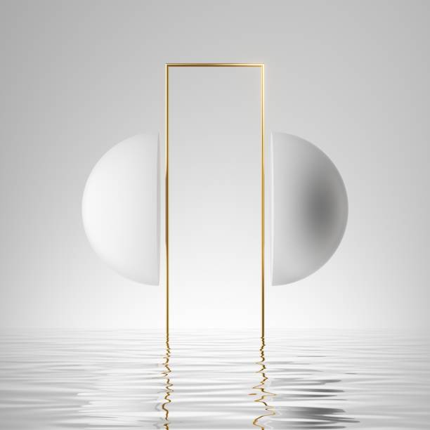 istock 3d render, abstract minimalist geometric background, simple showcase scene with white hemispheres, golden frame and liquid floor, reflection in the water 1470523118