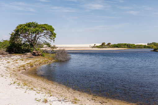 Lençóis Maranhenses National Park. Landscape of dunes and rainwater ponds. Lençóis Maranhenses National Park, Barreirinhas, MA, Brazil. Sandy mountains of Lençóis Maranhenses, Maranhão. tropical scenery.