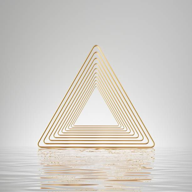 istock 3d render, abstract minimalist geometric white background with gold triangle and reflection in the water 1470523169