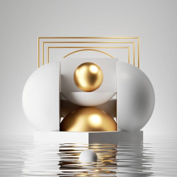 istock 3d render, abstract geometric background, simple showcase scene with white hemispheres, gold ball, golden frames and liquid floor, reflection in the water 1470523190