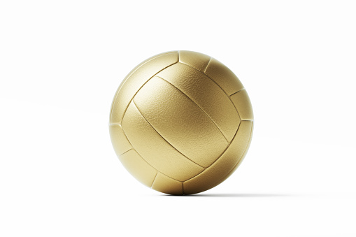 Gold volleyball ball on white background. Front view. Horizontal composition with clipping path and copy space. Volleyball concept.