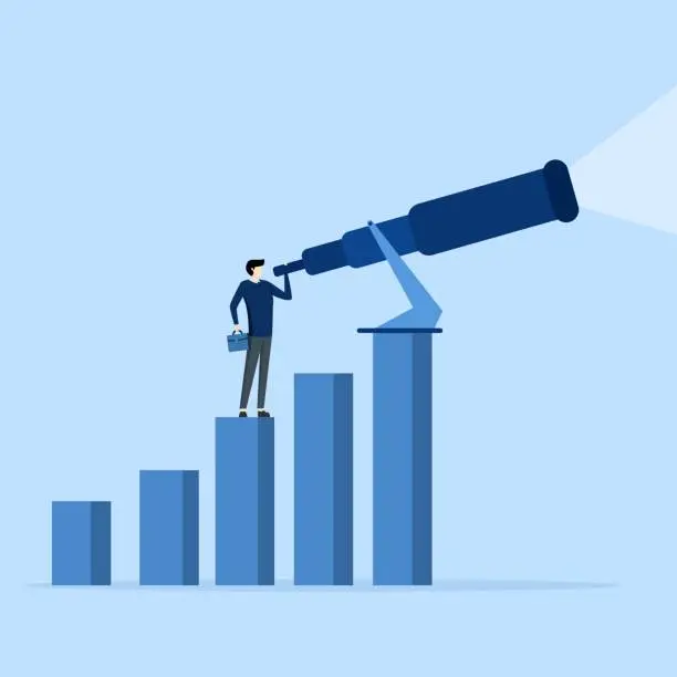 Vector illustration of Business Forecast concept, visionary to find opportunity, smart entrepreneur looking through big telescope at growing chart.