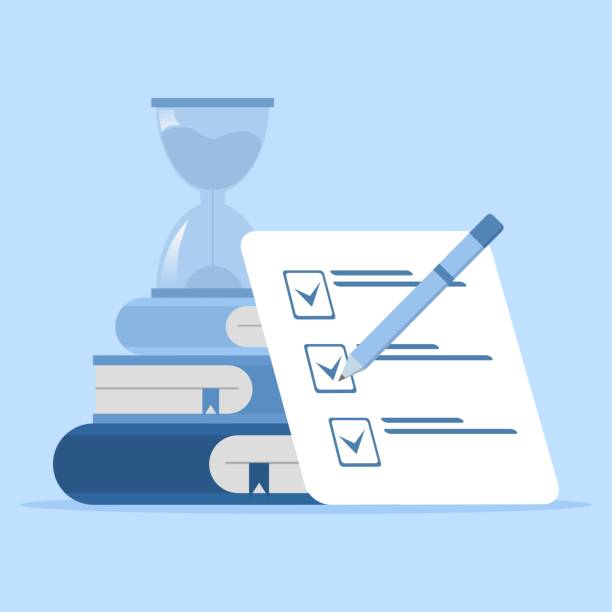 A stack of books with a checklist on top and a hourglass on top. Exam preparation concept, school exam, exam concept, checklist and hourglass, choose answer, questionnaire form, education, school exam, vector flat illustration pencil tip stock illustrations