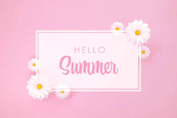 Photo of Hello Summer Concept - Hello Summer Message And White Daisies On Pink Background