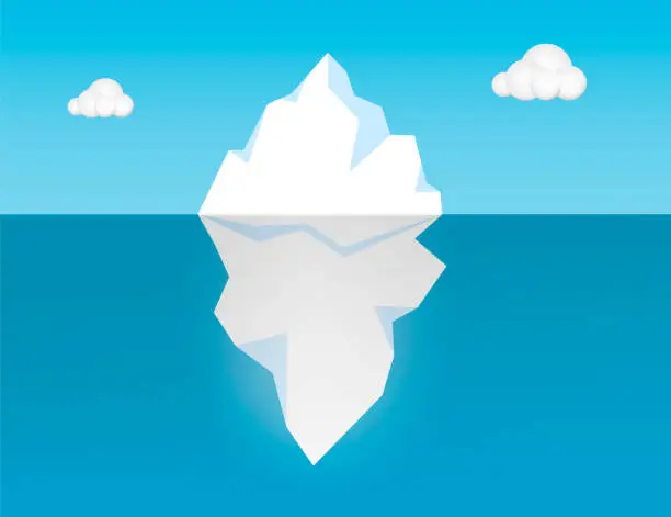Vector illustration of Iceberg floating in ocean illustration. Huge white block of ice drifts along blue current with massive underwater part an arctic rock breakaway from northern antarctic coast. Cartoon frosty vector.