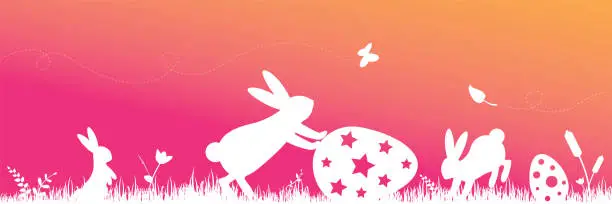 Vector illustration of Easter bunnies with easter eggs web banner