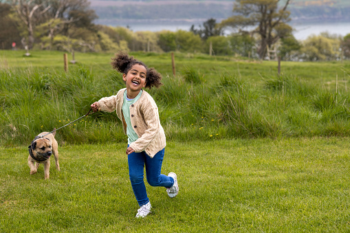 A front wide-view shot of a young girl walking outdoors wearing casual clothing and laugh, she is smiling and having fun while walking her pet dog on the grass in Scotland.