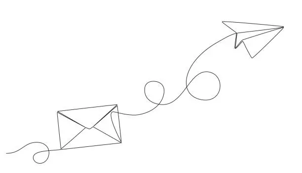 Vector illustration of continuous single line drawing of envelope and paper plane
