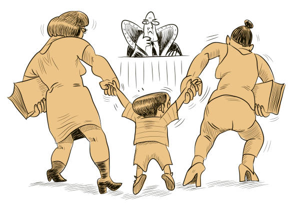 Two women trying to get custody of child in court Vector Two Women Trying to Get Custody of Child in Court child custody battle stock illustrations