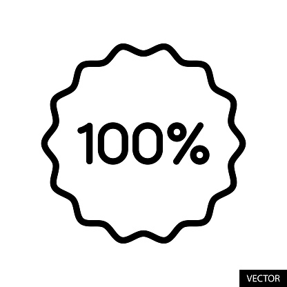 100% tag, badge, sticker, label vector icon in line style design for website, app, UI, isolated on white background. Editable stroke. EPS 10 vector illustration.