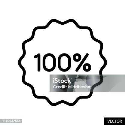 istock 100% tag, badge, sticker, label vector icon in line style design isolated on white background. Editable stroke. 1470532556