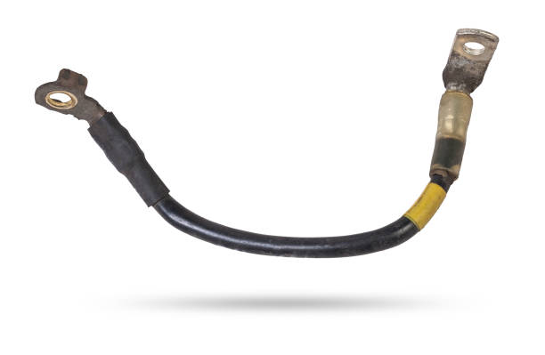 istock Thick short curved electric wire in black rubber isolation on a white isolated background. Automotive positive terminal. 1470533559