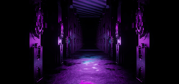Flying In A Spaceship Tunnel. 3D Purple Sci-Fi Futuristic Space Corridor Background Or Wallpaper