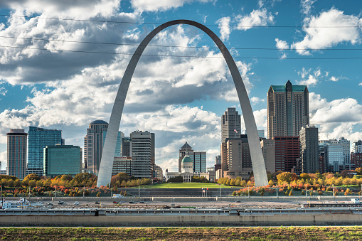 St. Louis Missouri USA downtown city skyline view and the Gateway Arch over the Mississippi River in the summer