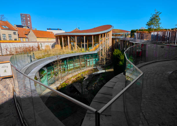 the new part of the museum with hans christian andersen's childhood house - hans christian andersen odense museum international landmark imagens e fotografias de stock