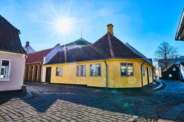 iconic view with hans christian andersen's childhood home - hans christian andersen odense museum international landmark imagens e fotografias de stock