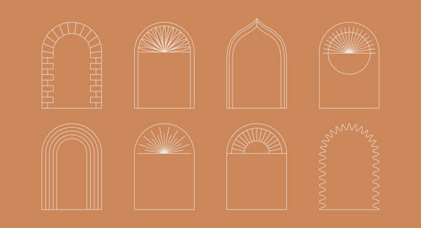 Vector set of design elements and illustrations in simple linear style - boho arch logo design elements and frames for social media stories and posts Vector set of design elements and illustrations in simple linear style - boho arch logo design elements and frames for social media stories and posts abstract backgrounds architecture sunbeam stock illustrations