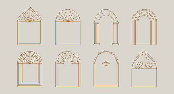 Vector set of design elements and illustrations in simple linear style - boho arch logo design elements and frames for social media stories and posts Vector set of design elements and illustrations in simple linear style - boho arch logo design elements and frames for social media stories and posts abstract backgrounds architecture sunbeam stock illustrations