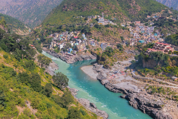 istock Bhagirathi river from left side and Alakananda river with turquoise blue colour from right side converge at Devprayag,Holy conflunece and form river Holy Ganges thereafter.Garhwal, Uttarakhand, India. 1470537099