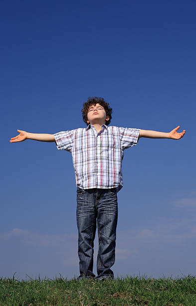 istock Boy holding arms up against blue sky 147053733