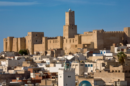Tunisia. Sousse - the kasbah (fortress) and fragment of medina (old town) viewed from ribat.