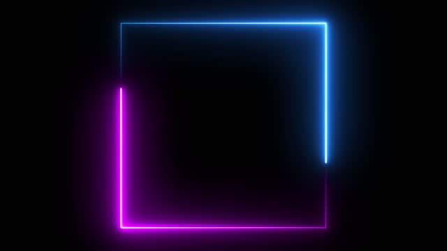 Futuristic neon glowing frame background. Colorful laser show seamless loop 4K border. Light effect isolated on black