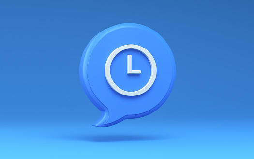 3D Render Clock Icon On Blue Background, Speech Bubble, Time Concept, Clipping Path