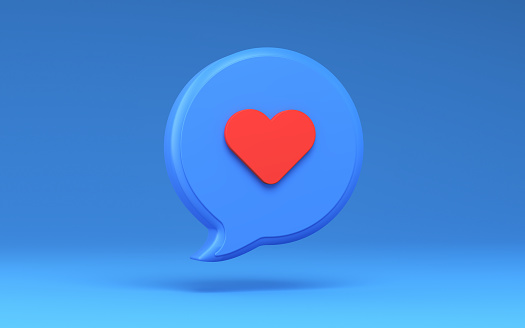 3D Render Red Heart Icon on Blue Background, Speech Bubble,  Love, Valentine's Day, Women's Day Concepts, Clipping Path