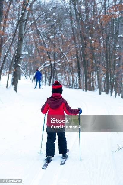 Boy Skiing On Cross Country Ski Trail Stock Photo - Download Image Now - 6-7 Years, Active Lifestyle, Boys