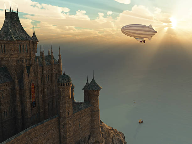 fantasy castle and flying zeppelin at sunset