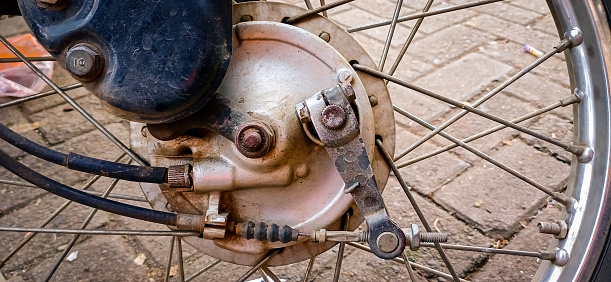 Photo closeup old vintage front brake motor cycle