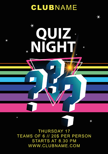 Quiz night announcement poster design web banner background vector illustration. Pub quiz held in a pub or bar, night club. Modern pub team game. Questions game