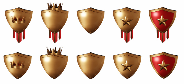Warranty reward medal, knight defence armour, king crown, guarantee star emblem. Golden shield asset