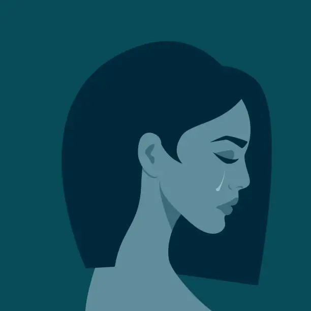 Vector illustration of Portrait of a crying woman in grey blue tones. The concept of victim, resentment, depression.