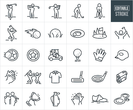 A set of golf icons that include editable strokes or outlines using the EPS vector file. The icons include a golfer using an iron to hit a golf ball, golfer using a driver to hit a golf ball, golfer using a putter to hit a golf ball, golfer jumping for joy over golf shot, golf ball with flames, golf ball in grass, golf ball at the edge of the cup, golf course with flag and hole, golfer with arms raised after successful shot, golf ball going in golf hole, golfer driving golf cart, golf ball on tee, golfing glove, hat, clapping, two golfers giving each other a high five, polo shirt, putter golf club, drive golf club, golf rangefinder, friends golfing together, hand holding up a trophy, golf club bag with golf clubs, high five, golf shoe and golf fairway.
