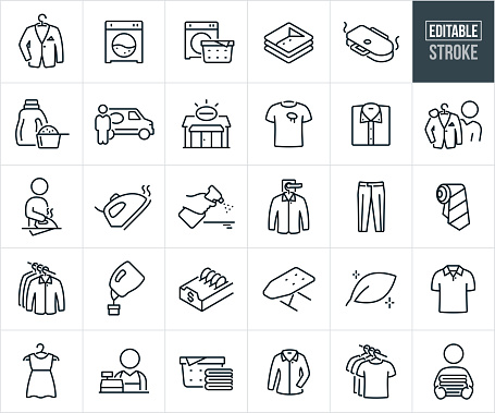 A of dry cleaning and laundry icons that include editable strokes or outlines using the EPS vector file. The icons include a suit coat on a hanger, washing machine, cloths dryer with laundry basket, folded shirts, dry cleaning press machine, laundry detergent, dry cleaner van with worker, dry cleaner, t-shirt with stain, pressed and folded dress shirt, dry cleaner worker holding up suction, person using iron to iron cloths, iron, spray bottle, dress shirt on door knob from dry-cleaners, dress pants, neck tie, dress shirts on hangers on rack, money inserted in washing machine, ironing board, eco-friendly detergents, polo t-shirt, dress on hanger, dry-cleaner worker at cash register, women's dress shirt, t-shirts on hangers on rack and a person holding a stack of folded laundry.