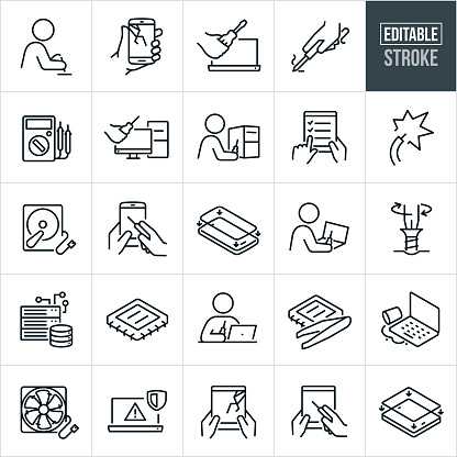 A set of computer, mobile phone device repair icons that include editable strokes or outlines using the EPS vector file. The icons include a repair technician soldering to repair a smartphone, hand holding a smartphone with cracked screen, hand with screwdriver to work on repairing a laptop computer, hand soldering wire on device, multimeter, hand with screwdriver to repair desktop computer, computer technician working on desktop computer tower, repair checklist, wire, computer hard drive installation, mobile phone repair, new screen installation on a smartphone, repair technician working to repair laptop computer, screw being screwed in with screwdriver, computer server, computer chip, liquid from drink being spilled on laptop, computer fan installation, computer warning, cracked screen on tablet PC, tablet PC repair and a new screen installation on a tablet pc.