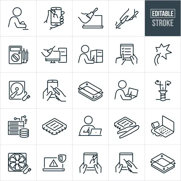 Vector illustration of Computer, Cell Phone And Device Repair Thin Line Icons - Editable Stroke