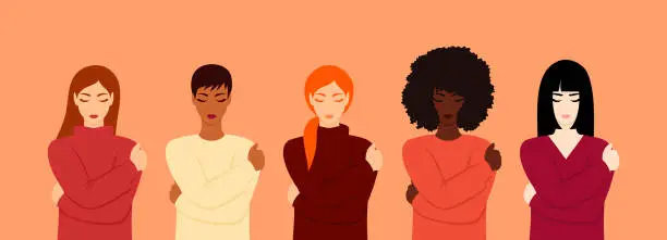 Vector illustration of Five women of different ethnicities standing together with closed eyes and hugging themselves. Selfcare concept. Flat vector illustration