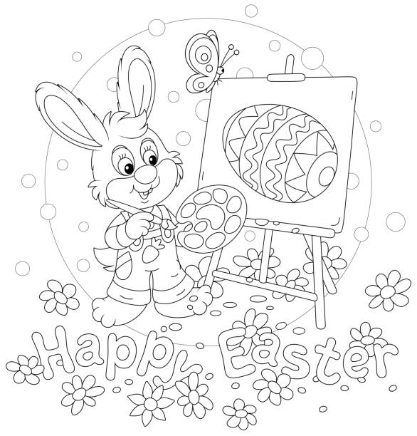 osterkarte mit einem kleinen hasen, der ein verziertes ei zeichnet - baumwollschwanzkaninchen stock-grafiken, -clipart, -cartoons und -symbole