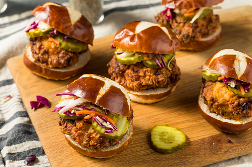 Fried Chicken Sandwich Sliders with PIckles and Coleslaw