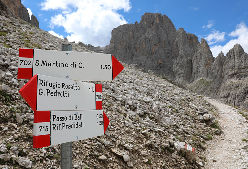 Indications on the mountain path with the locations written in Italian language in Italy